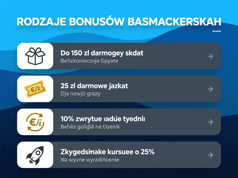Infografika przedstawiająca różne typy bonusów bukmacherskich z ikonami i opisami